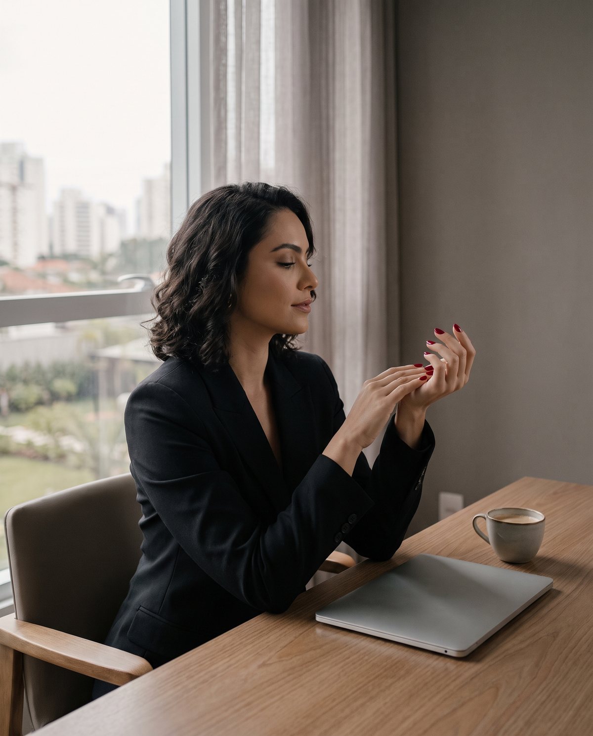 Mulher de blazer preto em home office observando as unhas recém-feitas